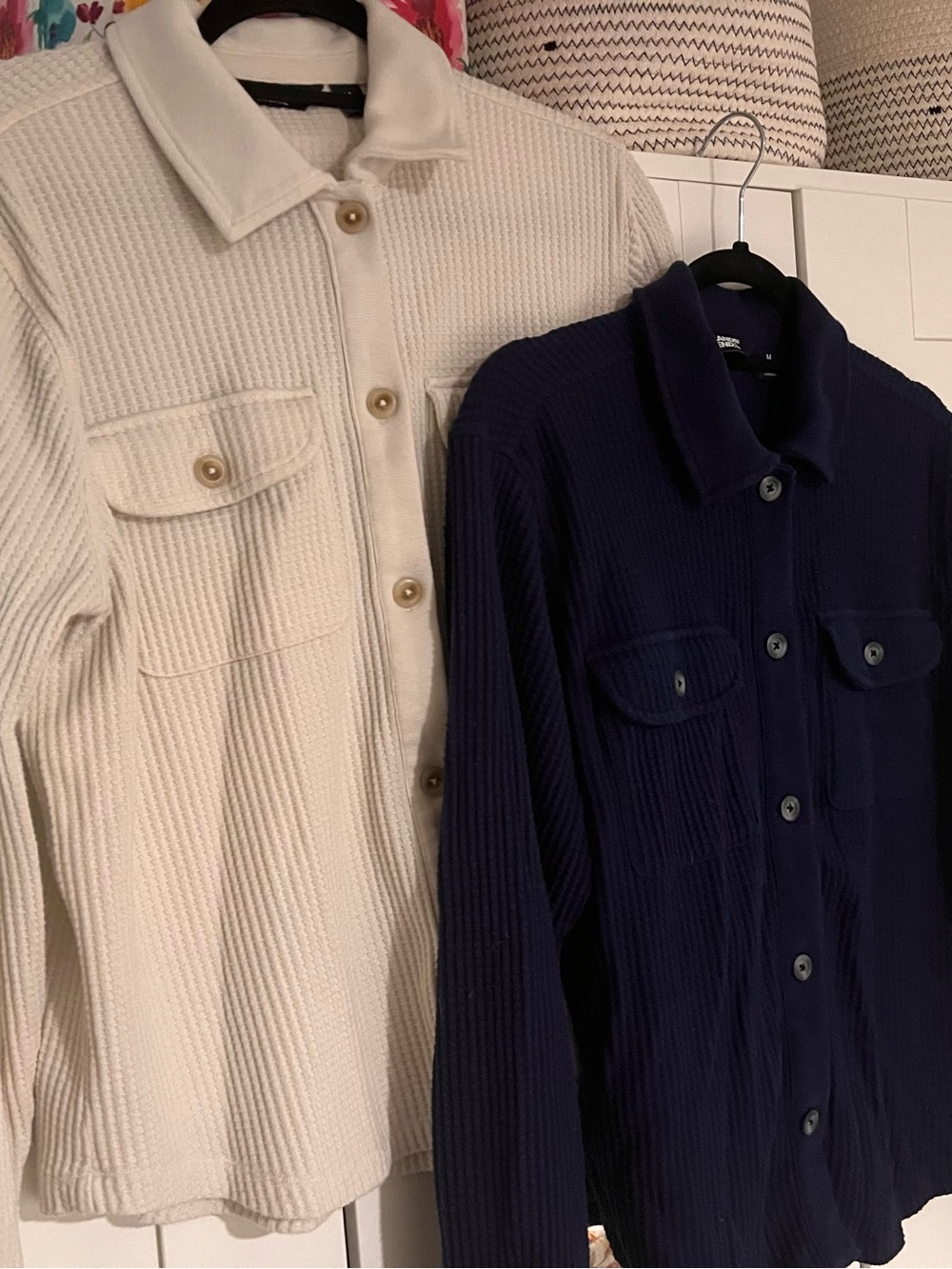Lands' End Cream and Navy Button-Down Ribbed Knit Shirts
